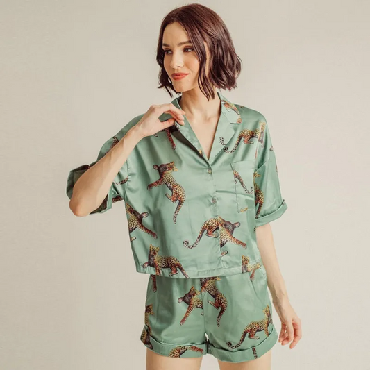 Wild Spirit Satin Short Sleeve Top and Shorts Lounge Set  Castello Clothing Line   