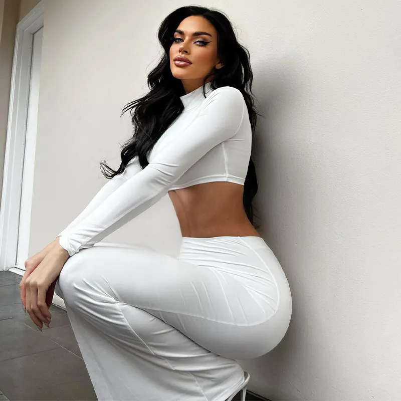 High Neck Long Sleeve Crop Top & Ruched Pencil Skirt Set  Castello Clothing Line   