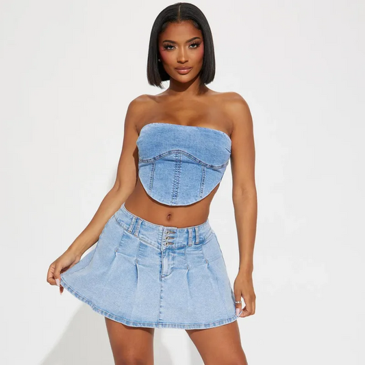 Pleats & Play Denim Mini Skirt  Castello Clothing Line   