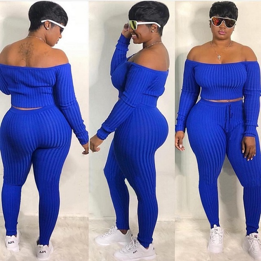 Plus Size Off Shoulder Pants Set - Long Sleeves, Slim Fit, Drawstring Waist - Cotton/Fiber Blend  Castello Clothing Line   