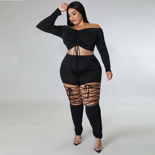 Plus Size Off Shoulder Crop Top & Lace Up Pants Set  Castello Clothing Line   