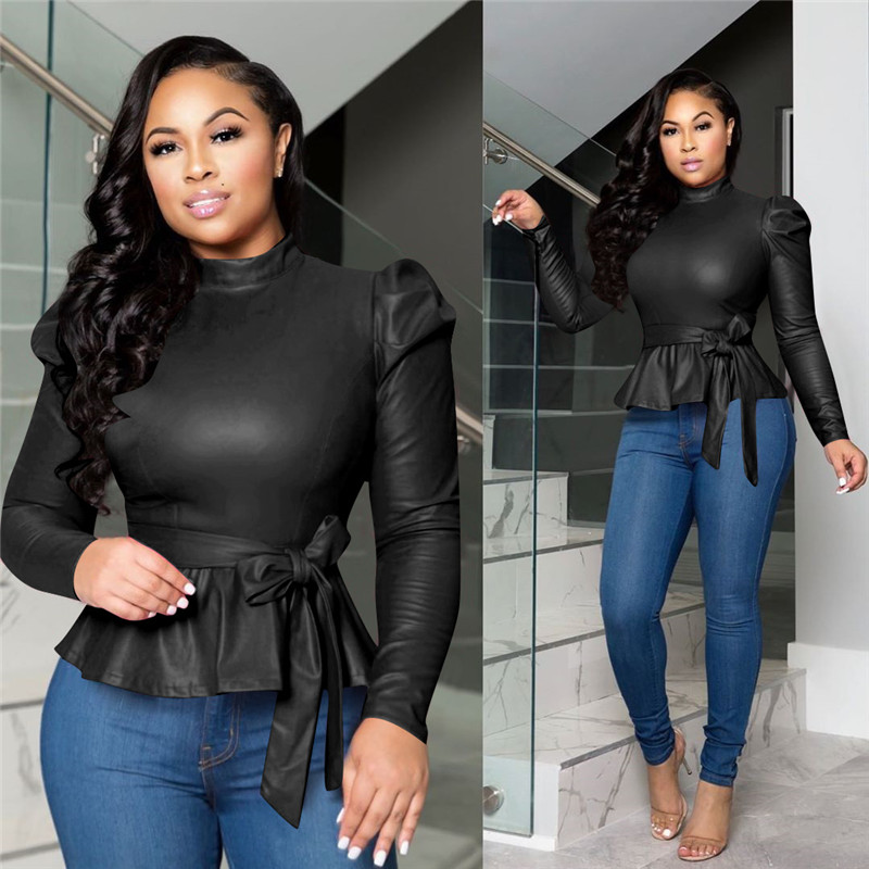 Envy Faux Leather Puff Sleeve Tie-Waist Peplum Top Castello Clothing Line