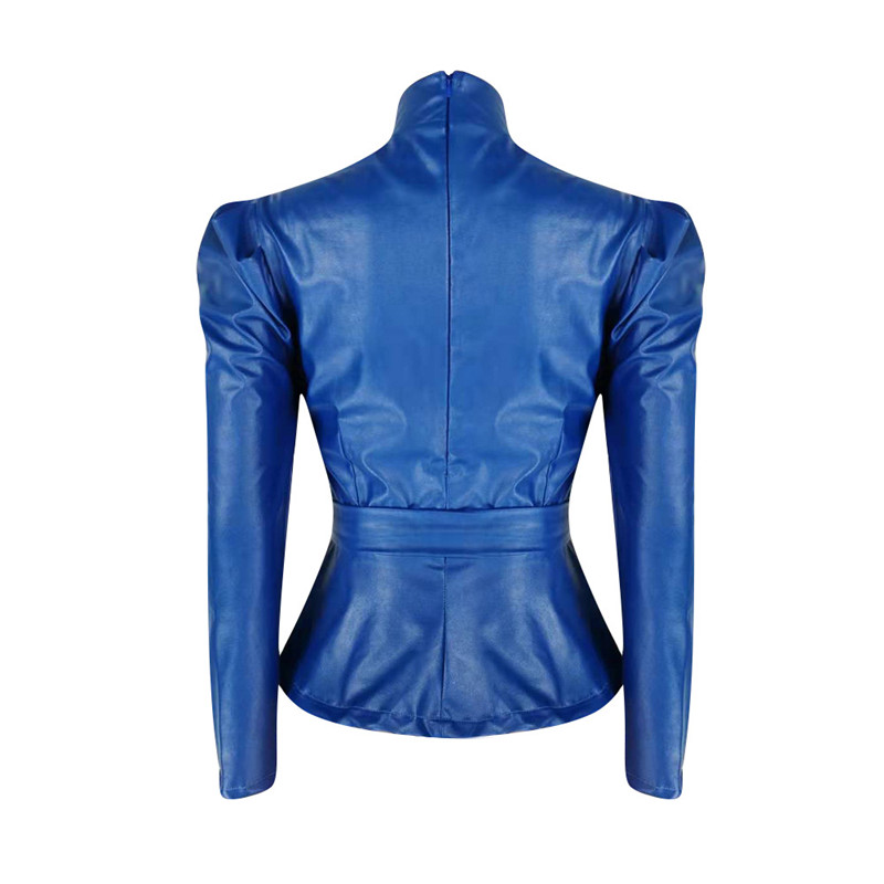 Envy Faux Leather Puff Sleeve Tie-Waist Peplum Top Castello Clothing Line