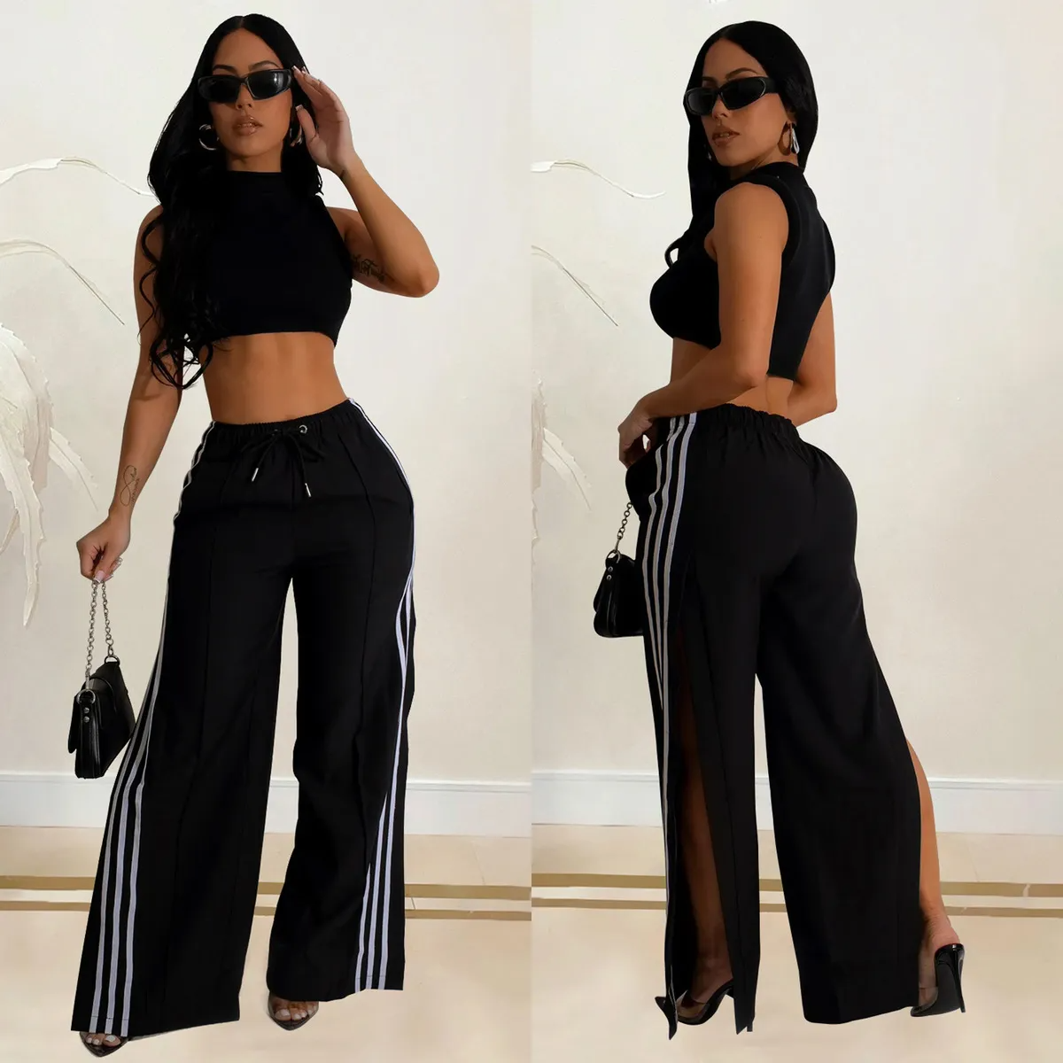Maya High-Waisted Striped Split-Leg Wide-Leg Pants Castello Clothing Line