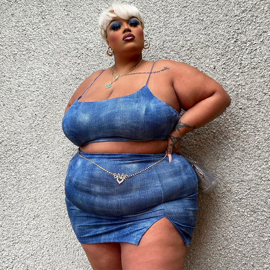 Plus Size Cropped Camisole Top & Short Slit Skirt Set  Castello Clothing Line   