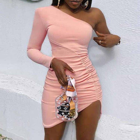 Nyssa One-Shoulder Ruched Asymmetrical Mini Dress Castello Clothing Line