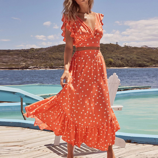 Polka Dot V-Neck Top & Ruffle Skirt Set  Castello Clothing Line   