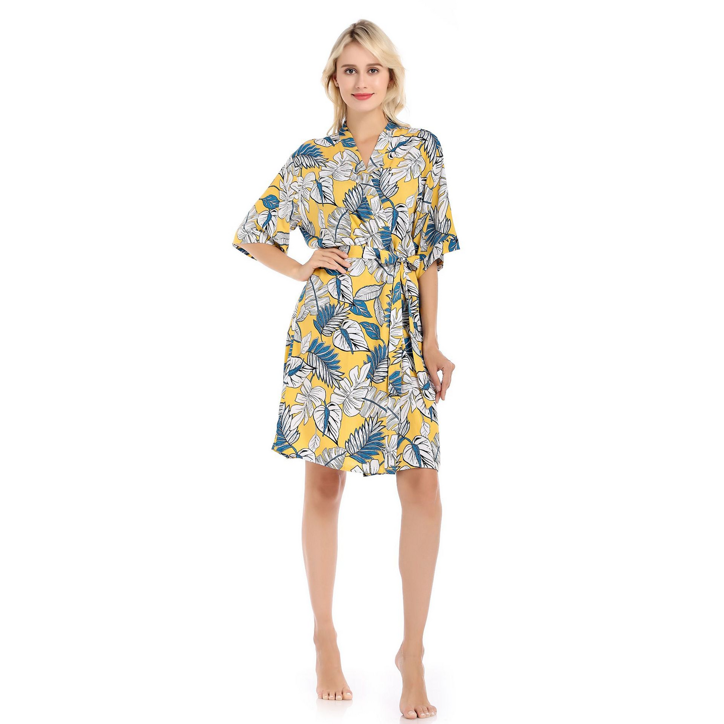 Tropical Bliss Leaf Print Short Wrap Robe  Castello Clothing Line   