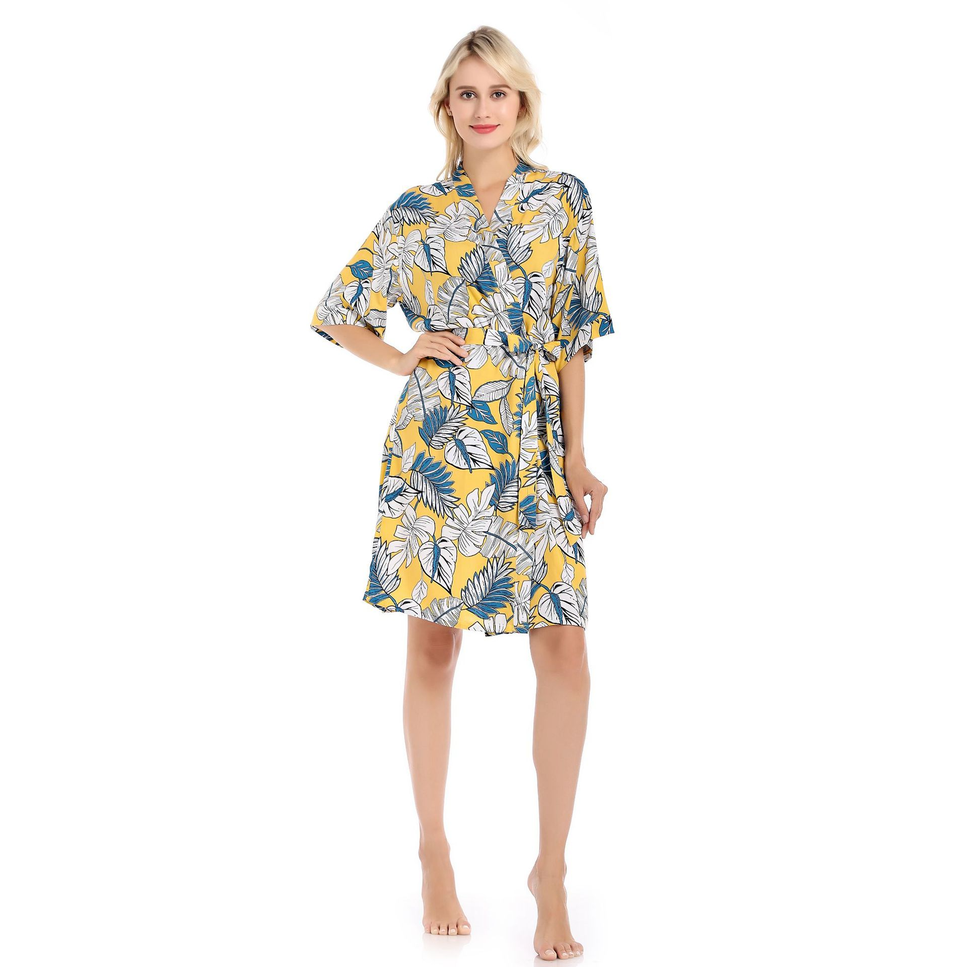 Tropical Bliss Leaf Print Short Wrap Robe  Castello Clothing Line   