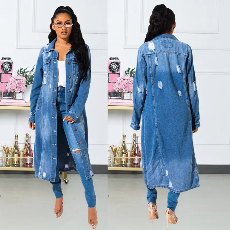 DuskTrail Distressed Longline Button-Up Denim Jacket Castello Clothing Line