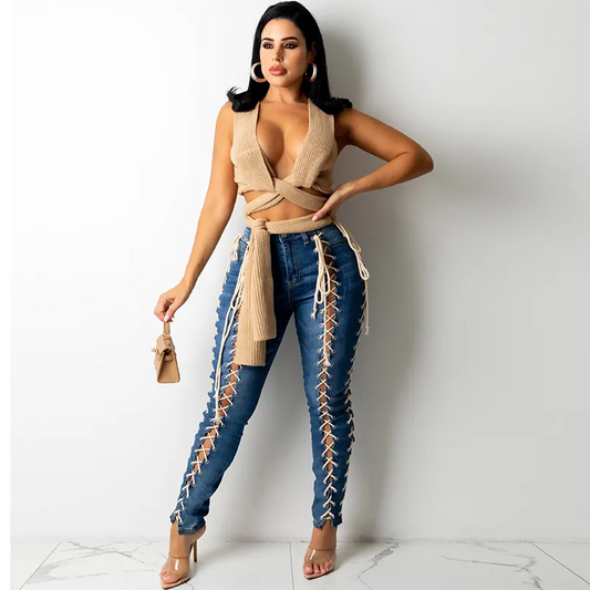 Mid Rise Lace Up Jeans  Castello Clothing Line   