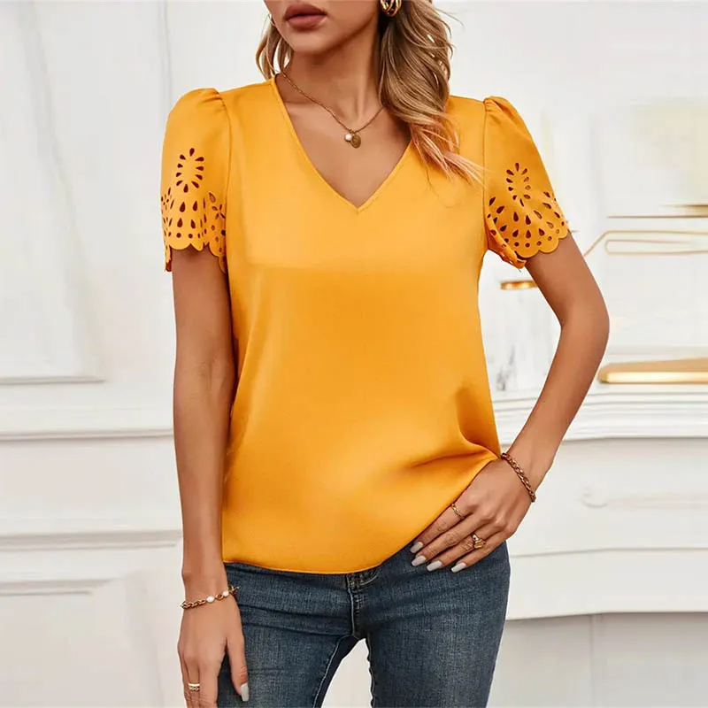 Golden Bloom Eyelet Puff Sleeve V-Neck Blouse Castello Clothing Line