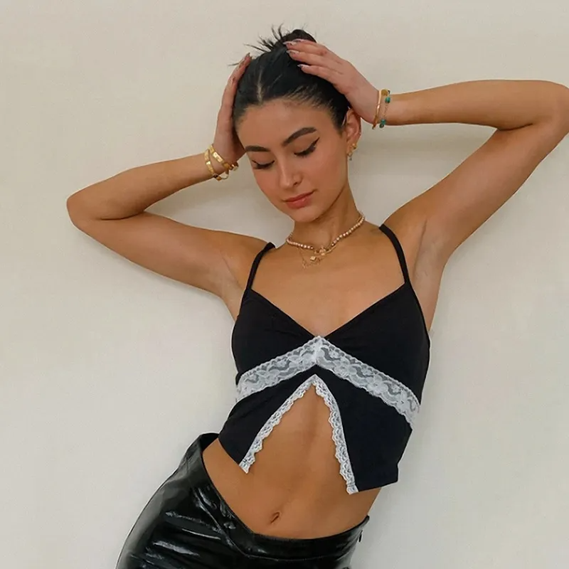 Evia Lace Trim Spaghetti Strap Crop Top Castello Clothing Line