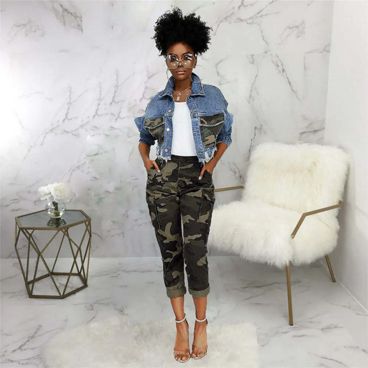 Renegade Camo Pocket Frayed Hem Cropped Denim Jacket Castello Clothing Line
