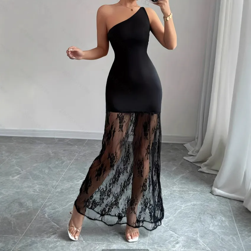 Veyra One Shoulder Sheer Lace Maxi Dress maxi dress Castello Clothing Line