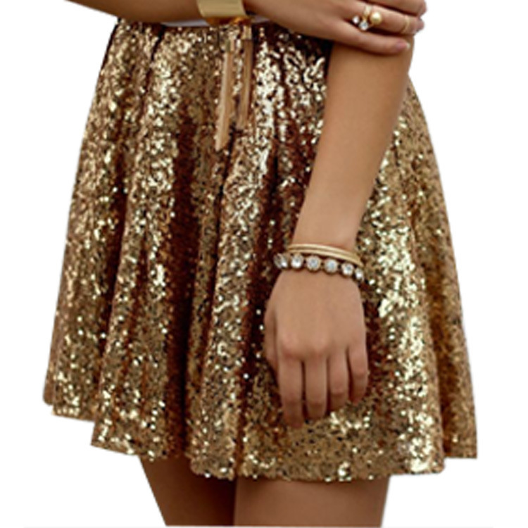 Sequin Mini Flare Skirt in Gold Glitter  Castello Clothing Line   