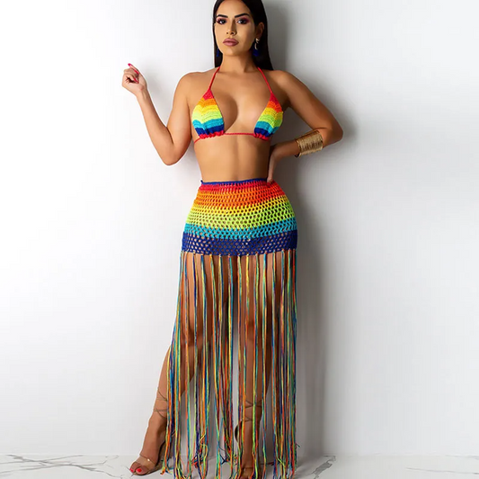 Rainbow Tassel Cover Up Bikini Set  Castello Clothing Line   