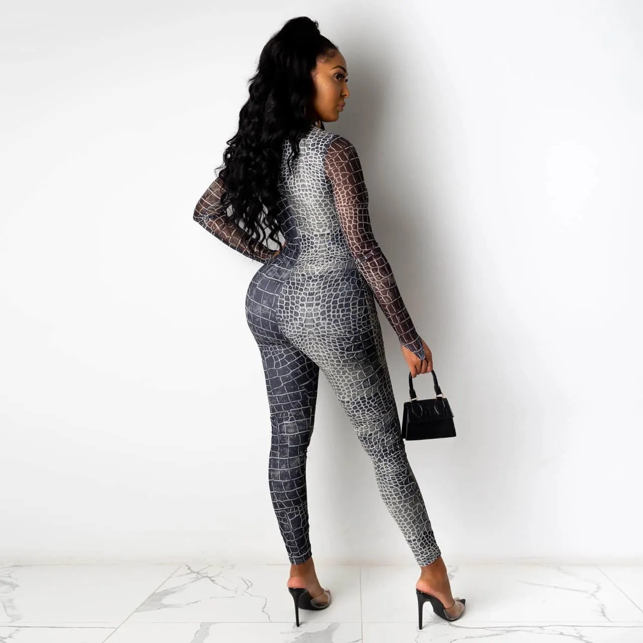 Sydney Long Sleeve Sheer Croc Print Bodycon Jumpsuit bodycon jumpsuit Castello Clothing Line