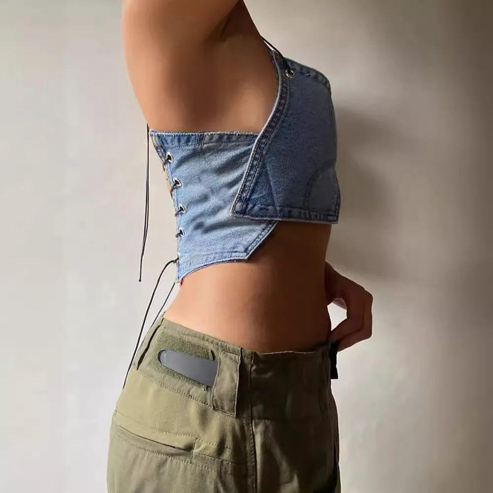 Rouge Denim Lace-Up Halter Corset Top Castello Clothing Line