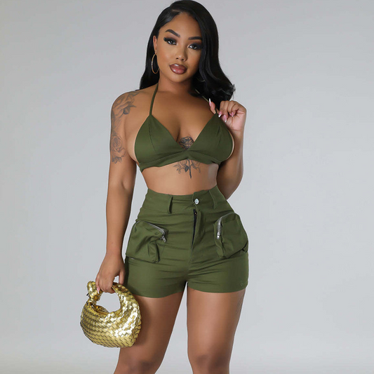 Vibe Halter Bralette Top & High-Waist Utility Shorts Set  Castello Clothing Line   