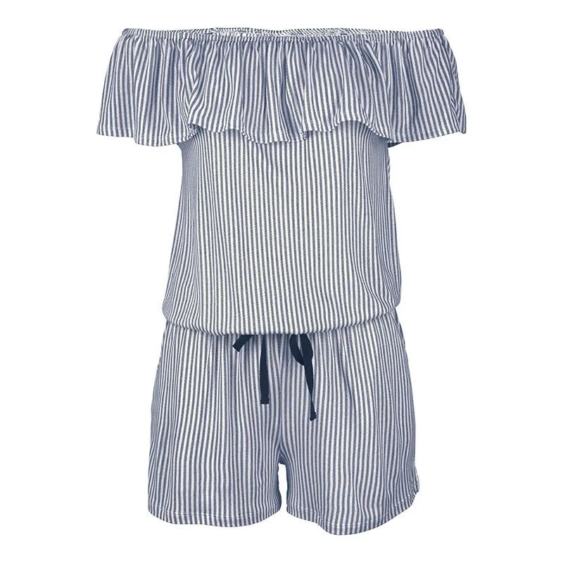 Seaside Flirt Off-Shoulder Striped Ruffle Romper  Castello Clothing Line   