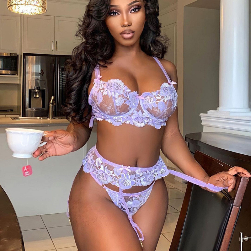 Lace Embroidered Bra Panty Garter Set  Castello Clothing Line   
