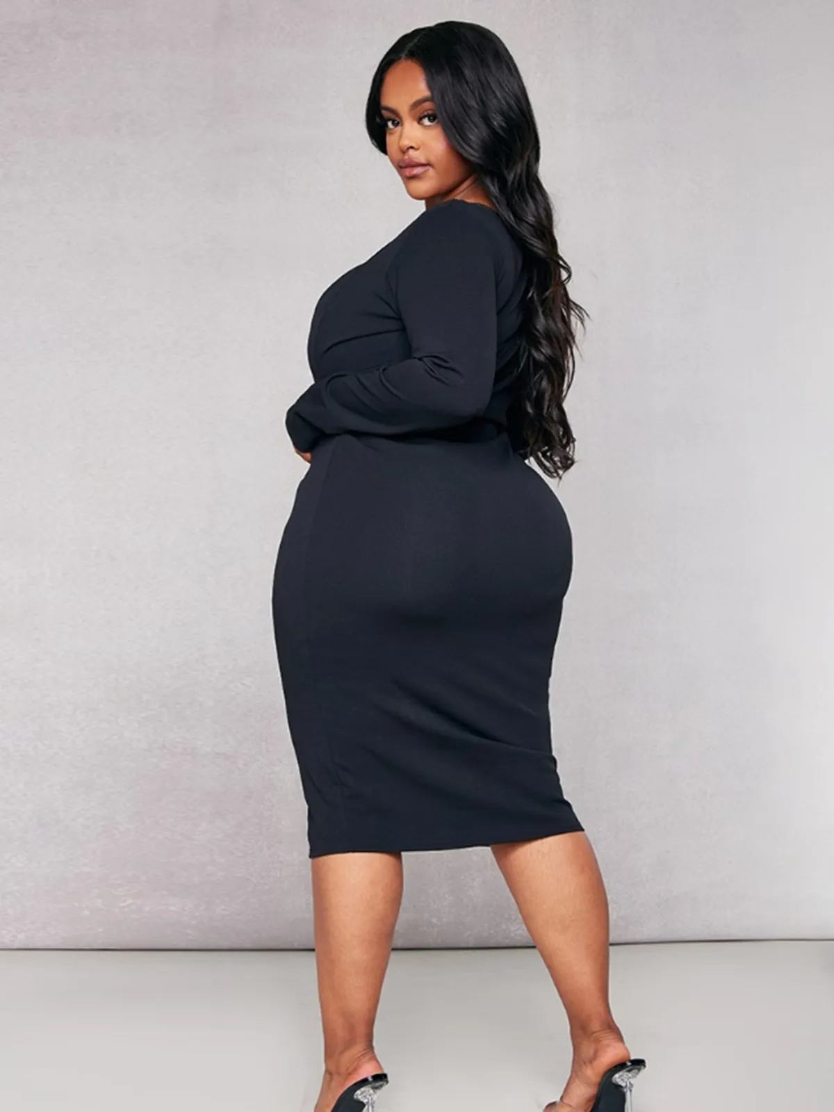 Bree Plus Size V-Neck Long-Sleeve Bodycon Midi Dress midi dress Castello Clothing Line