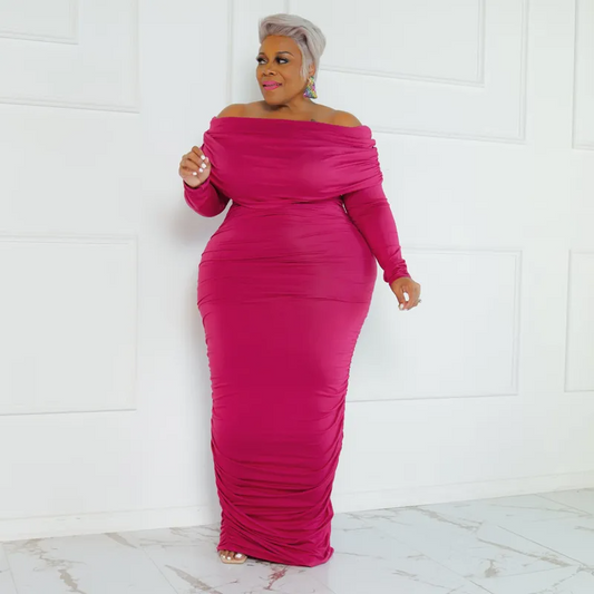 Nola Plus Size Off Shoulder Ruched Bodycon Maxi Dress maxi dress Castello Clothing Line