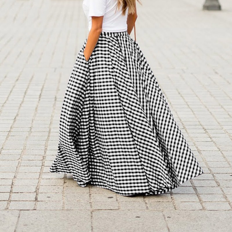 High Waist Plaid Maxi Skirt with Pockets  Castello Clothing Line   