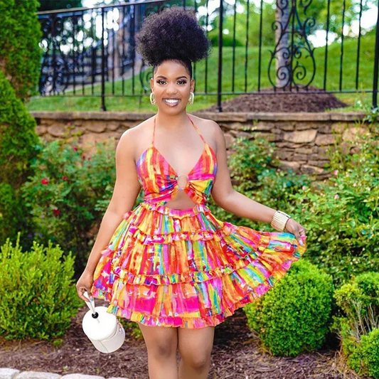 Ana Vibrant Tiered Cutout Halter Tie-Back Mini Dress Castello Clothing Line