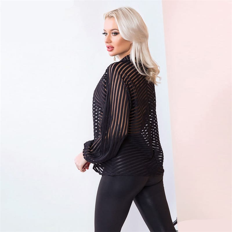 Sheer Delight Keyhole Stripe Long Sleeve Blouse  Castello Clothing Line   
