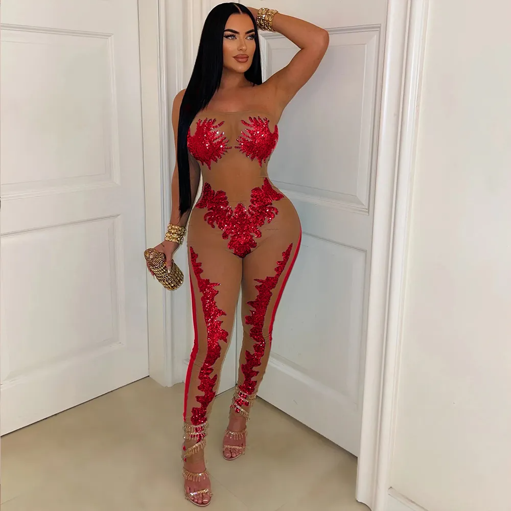 Athena Strapless Sheer Appliqué Bodycon Catsuit women jumpsuits Castello Clothing Line
