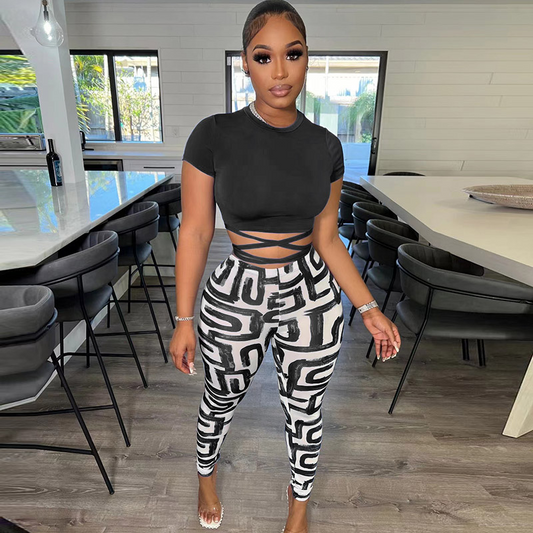 Saucy High-Waist Print Leggings & Wrap Crop Top Set Castello Clothing Line