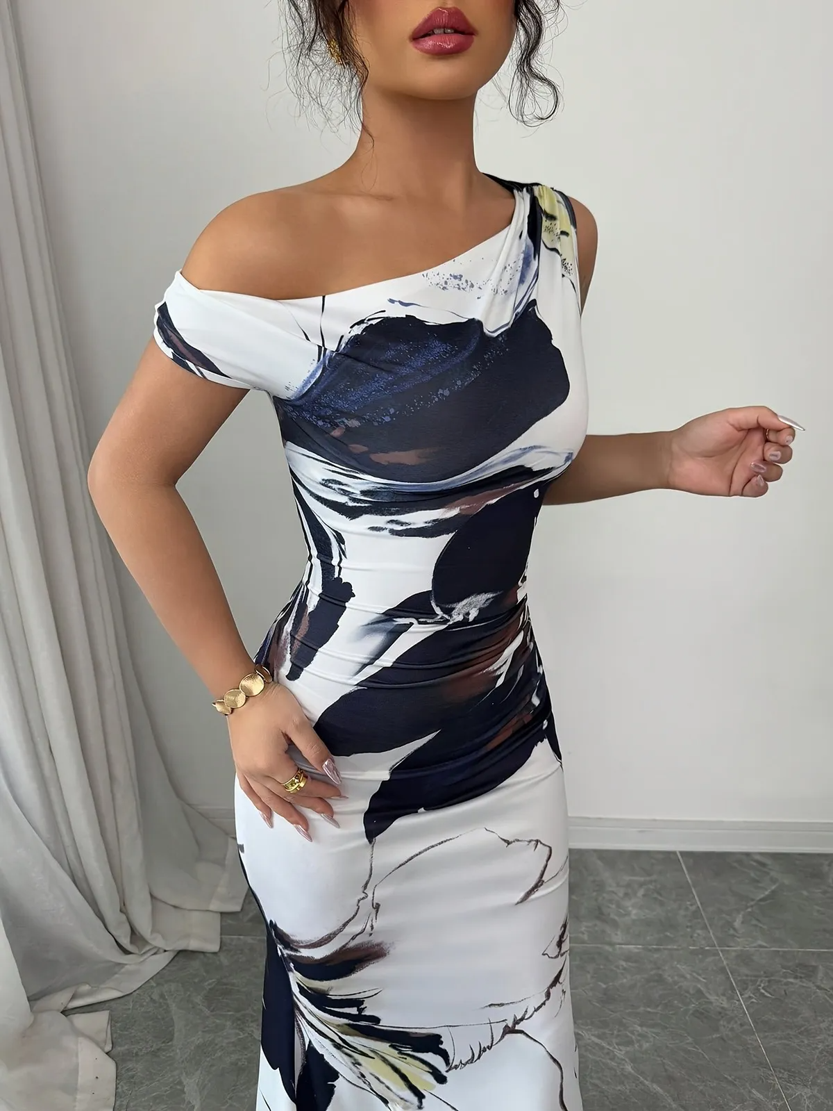 Zinn One Shoulder Abstract Floral Bodycon Maxi Dress maxi dress Castello Clothing Line