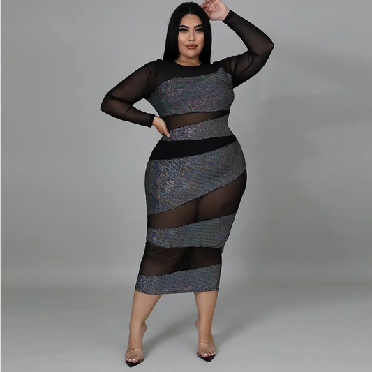 Reese Plus Size Glitter Mesh Panel Bodycon Midi Dress midi dress Castello Clothing Line