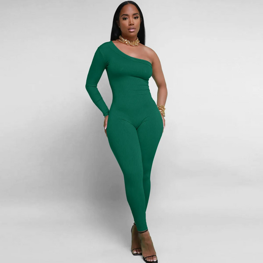 Kimberly One-Shoulder Long Sleeve Ribbed Bodycon Jumpsuit bodycon jumpsuit Castello Clothing Line