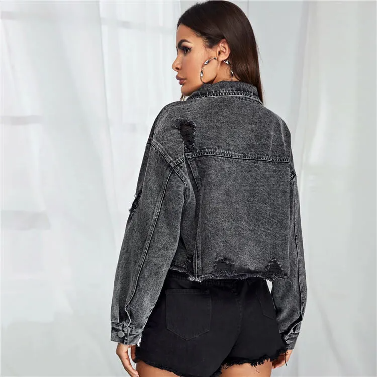 Rapture Distressed Cropped Button-Up Denim Jacket Castello Clothing Line