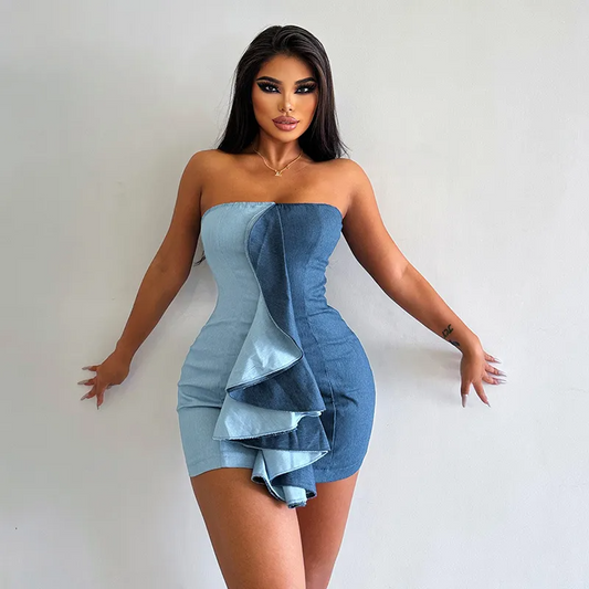 Giana Strapless Asymmetrical Ruffle Denim Bodycon Mini Dress Castello Clothing Line