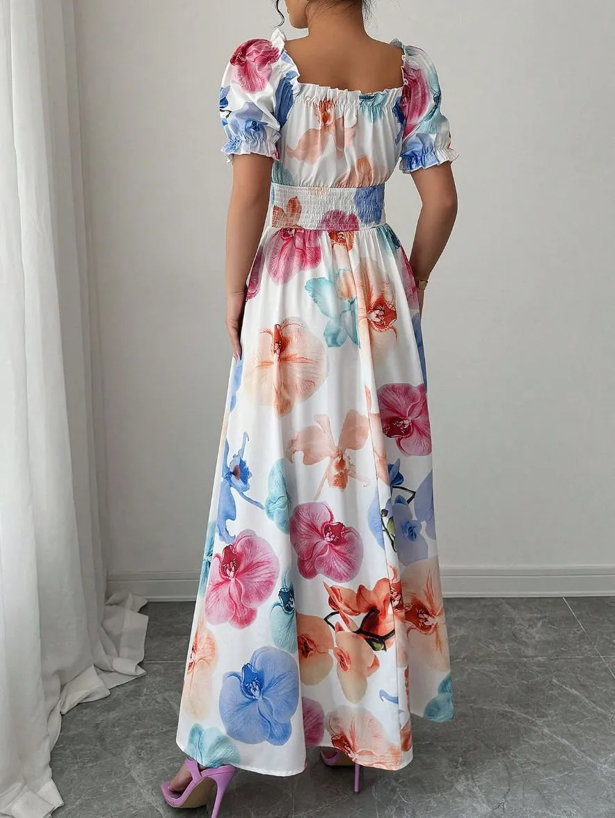 Eleanor Floral Print Smocked Puff Sleeve Maxi Dress maxi dress Castello Clothing Line