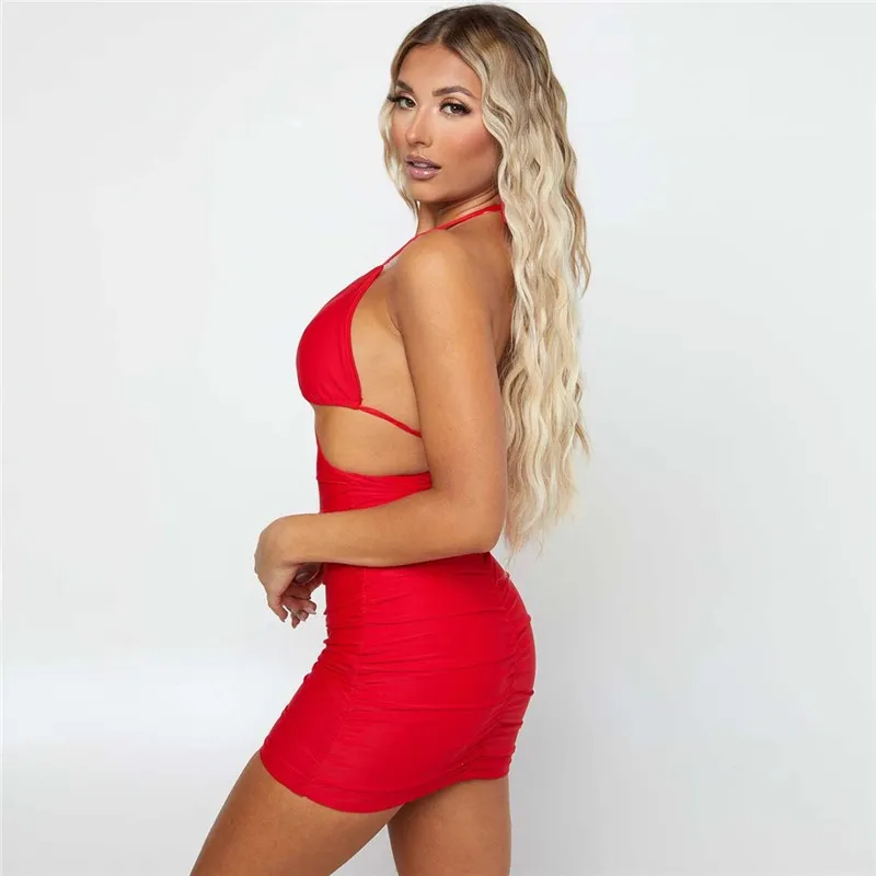 Tazzy Halter Cutout Ruched Bodycon Mini Dress mini dress Castello Clothing Line