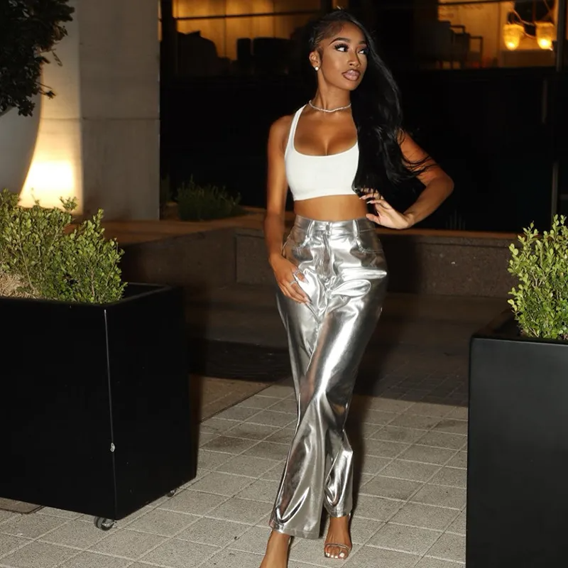Vega High-Waist Metallic Faux Leather Wide-Leg Pants Castello Clothing Line