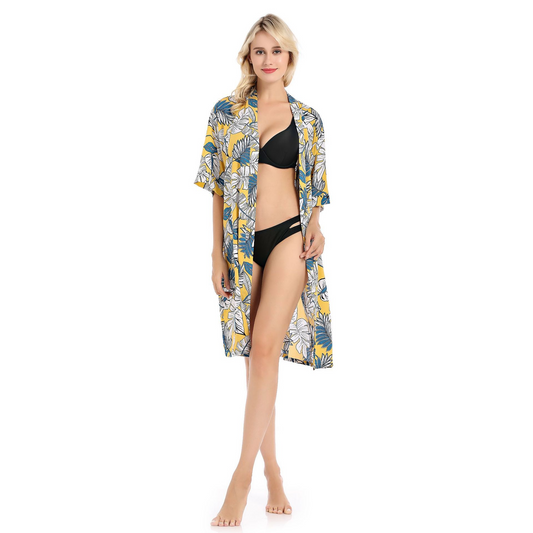 Tropical Bliss Leaf Print Short Wrap Robe  Castello Clothing Line   
