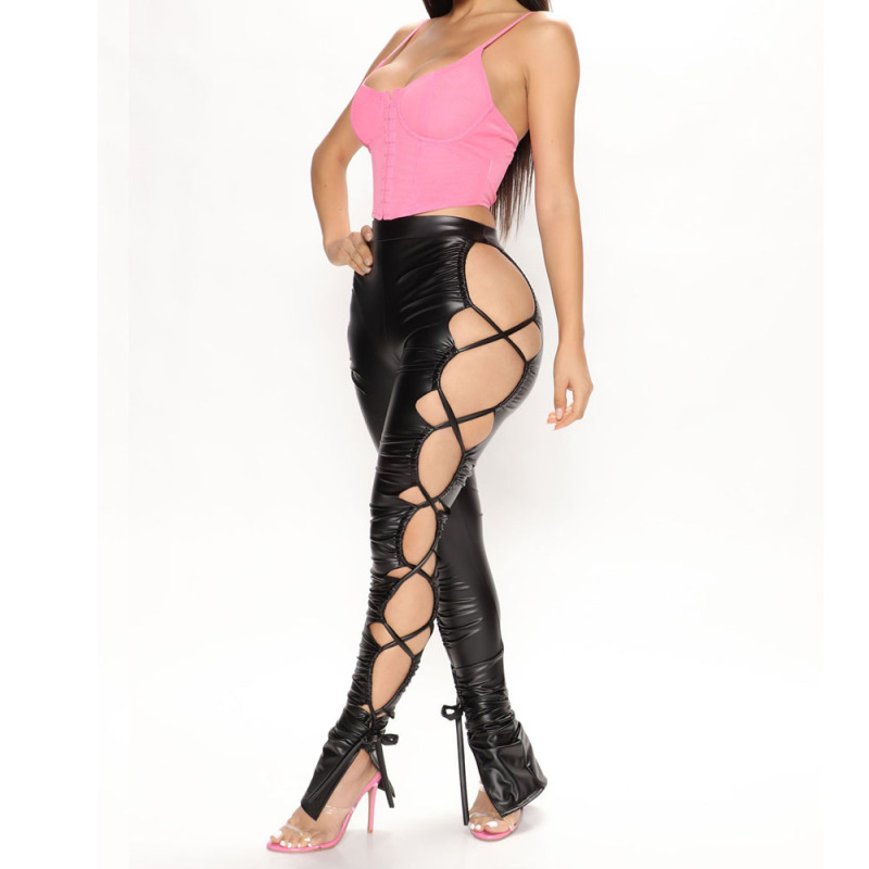 Eruption High-Waisted Faux Leather Lace-Up Cutout Leggings Castello Clothing Line