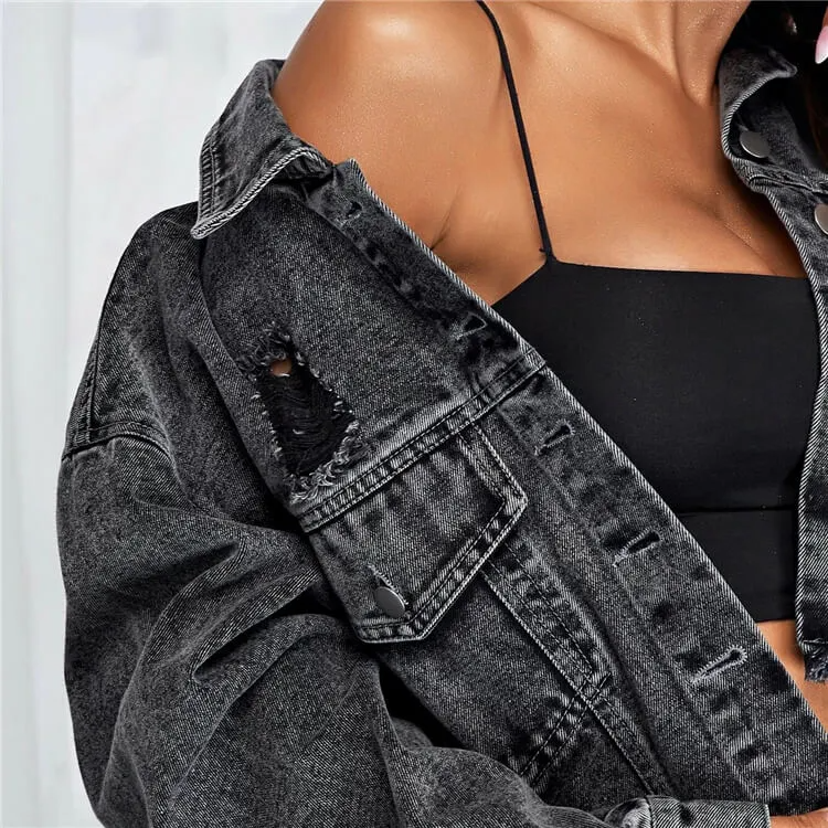 Rapture Distressed Cropped Button-Up Denim Jacket Castello Clothing Line