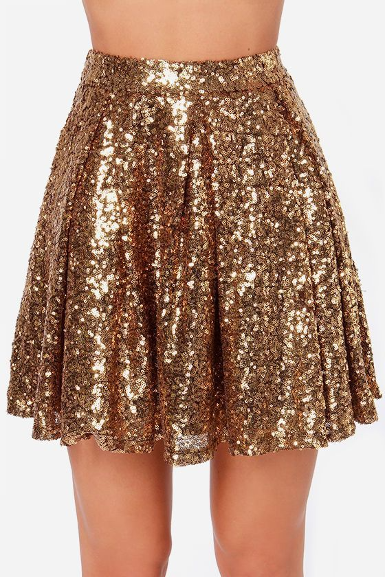 Sequin Mini Flare Skirt in Gold Glitter  Castello Clothing Line   