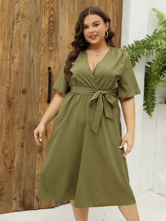 Dara Plus Wrap Flutter-Sleeve Belted Midi Dress midi dress Castello Clothing Line