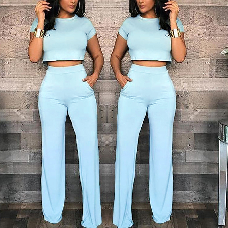 Short Sleeve Crop Top & High-Waist Wide-Leg Pant Set with Pockets  Castello Clothing Line   