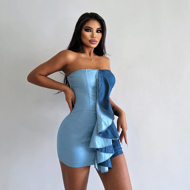 Giana Strapless Asymmetrical Ruffle Denim Bodycon Mini Dress Castello Clothing Line