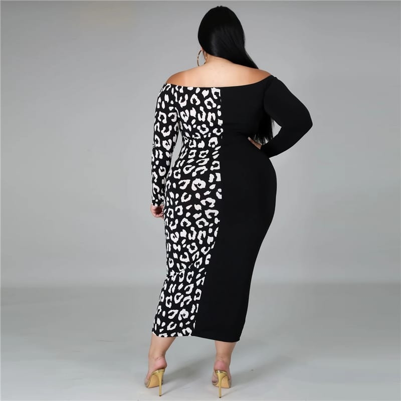 Plus Size Off Shoulder Color Block Bodycon Dress - Long Sleeves, Slim Fit - Polyester/Fiber Blend  Castello Clothing Line   