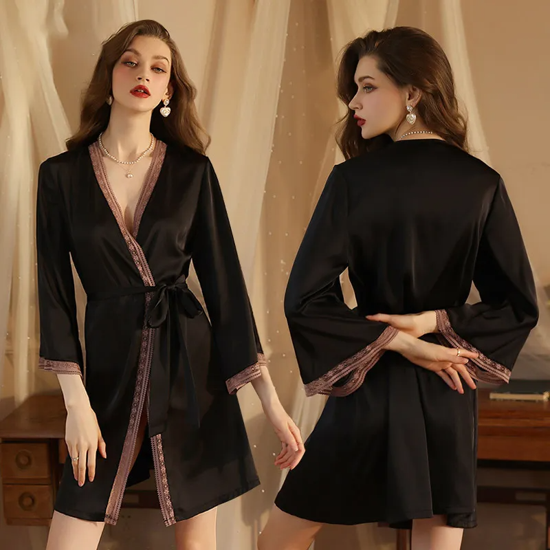 Silk Noir Lace-Trim Tie-Waist Kimono Robe  Castello Clothing Line   